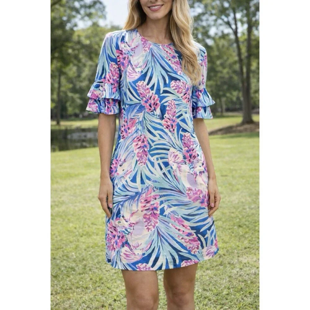 Lilly Pulitzer Dress M Blue Pink White Stretch Shift Short Ruffle Sleeve - Picture 1 of 13